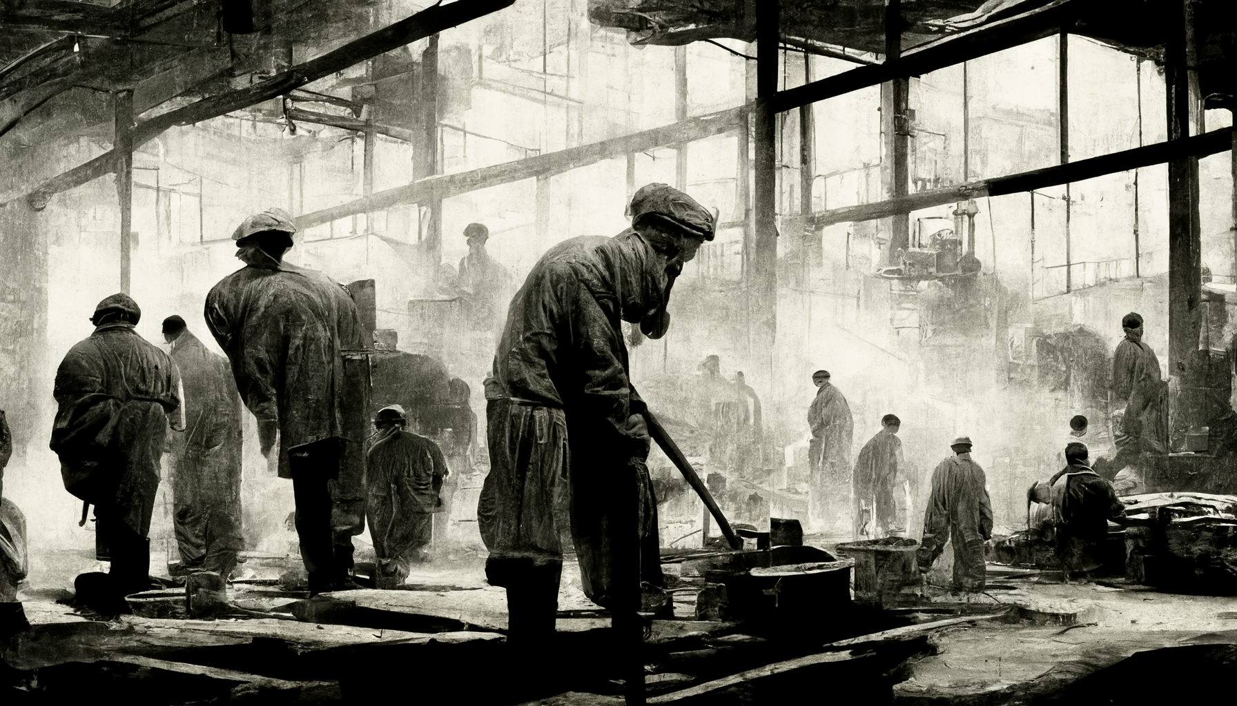 Industrialisation of the world, men working in factories (Midjourney)