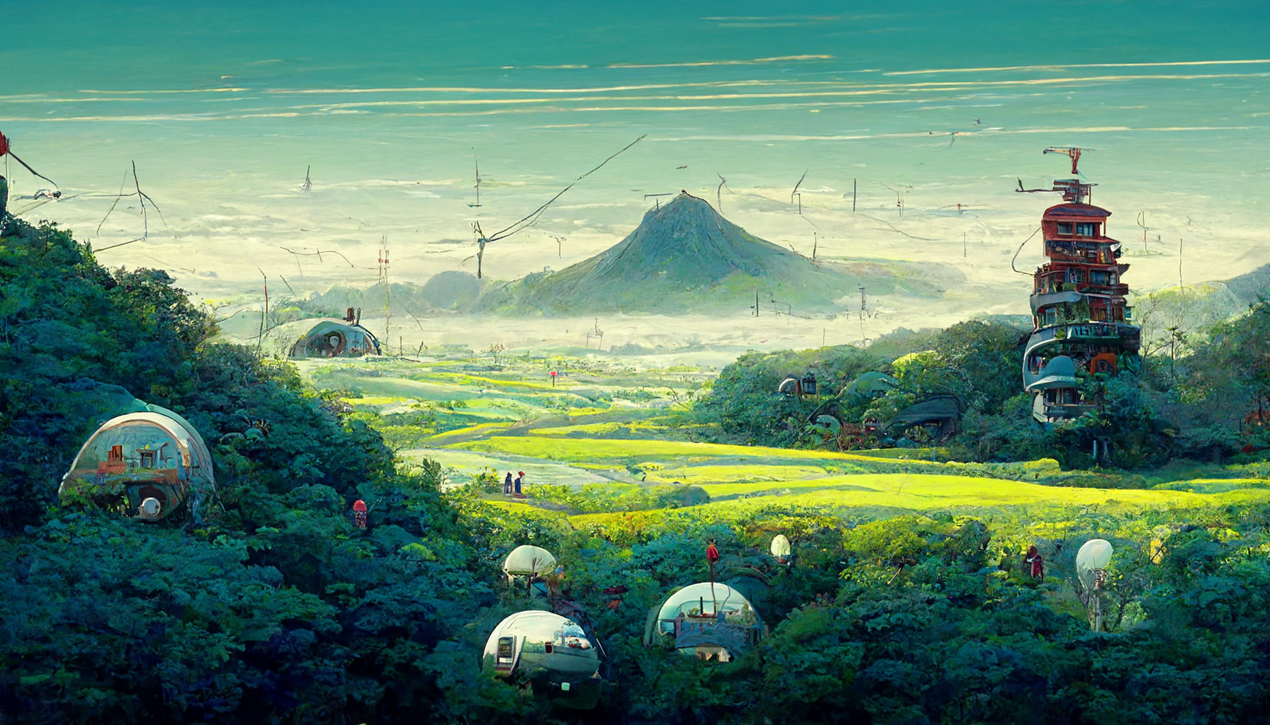 Technologically advanced humans living in harmony with the environment, Studio Ghibli art (Midjourney)