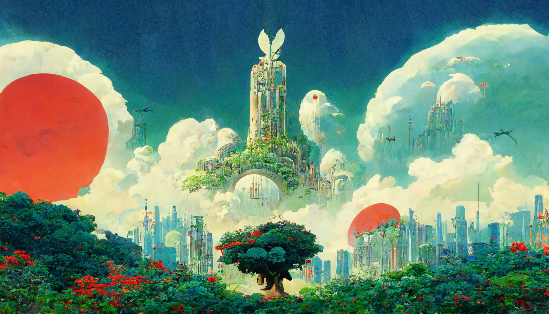 Studio Ghibli art landscape of a futuristic techno garden city with a tree of life and a phoenix in the sky (Midjourney)