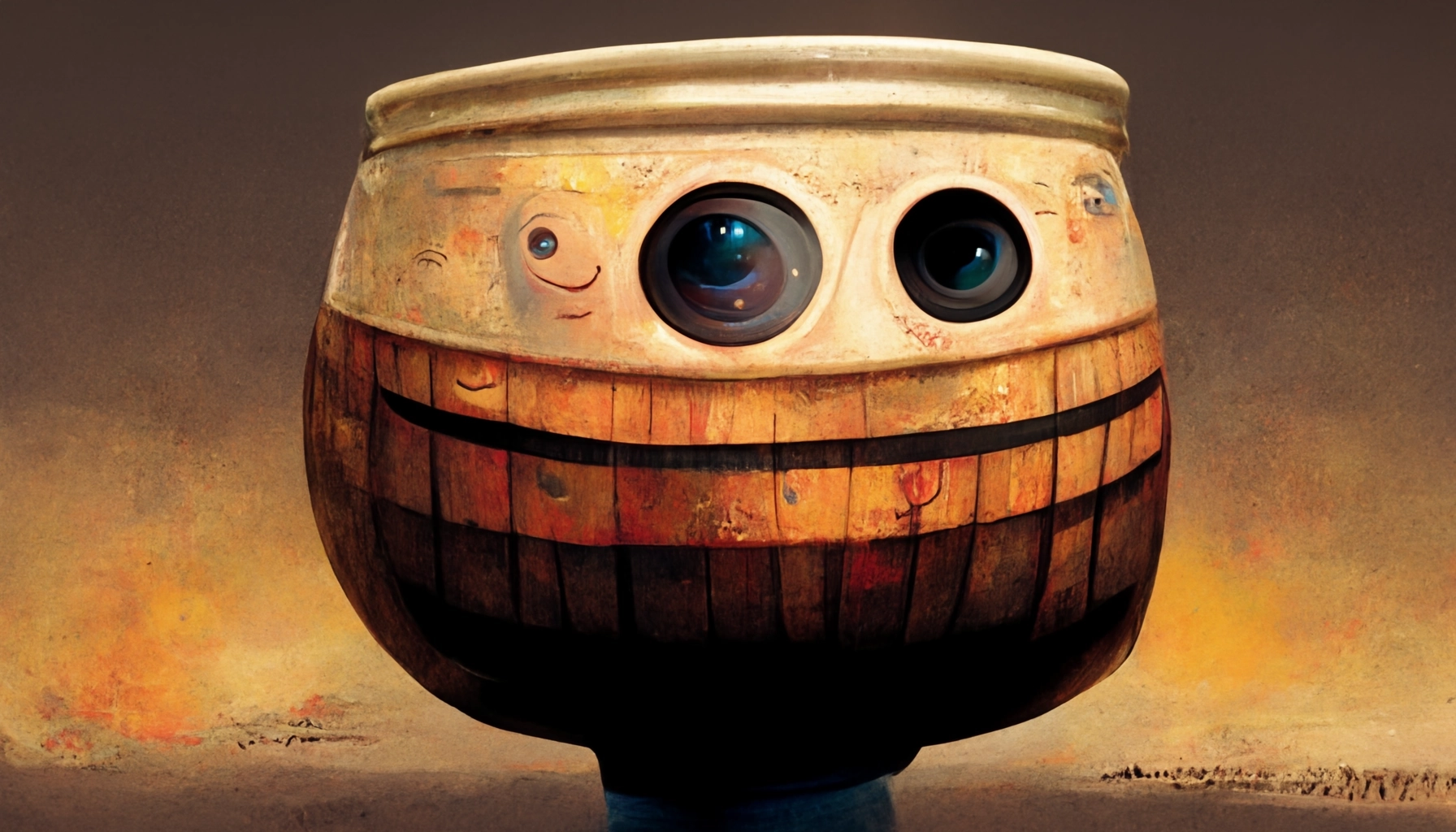A barrel of oil with a human face and human clothing, Pixar cartoon (Midjourney)
