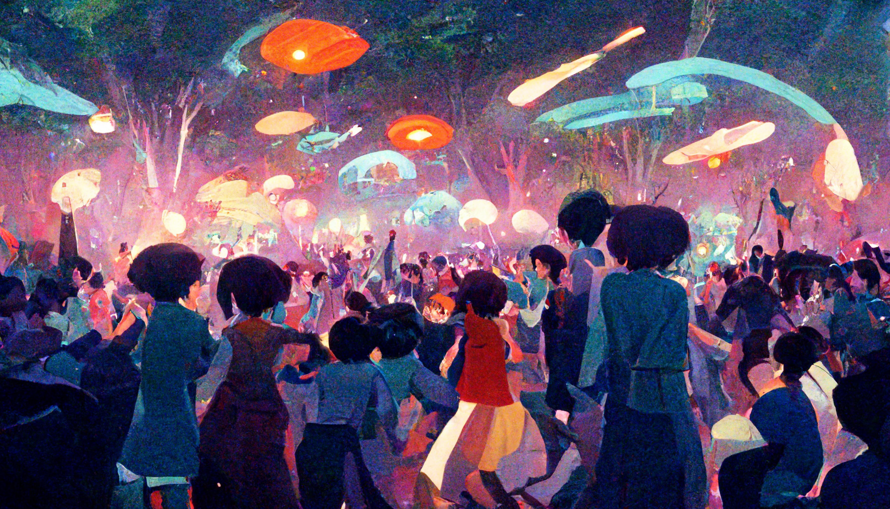 People dancing at the post-revolution party in a technologically advanced forest colony with rockets and flying cars in the sky, Studio Ghibli art (Midjourney)