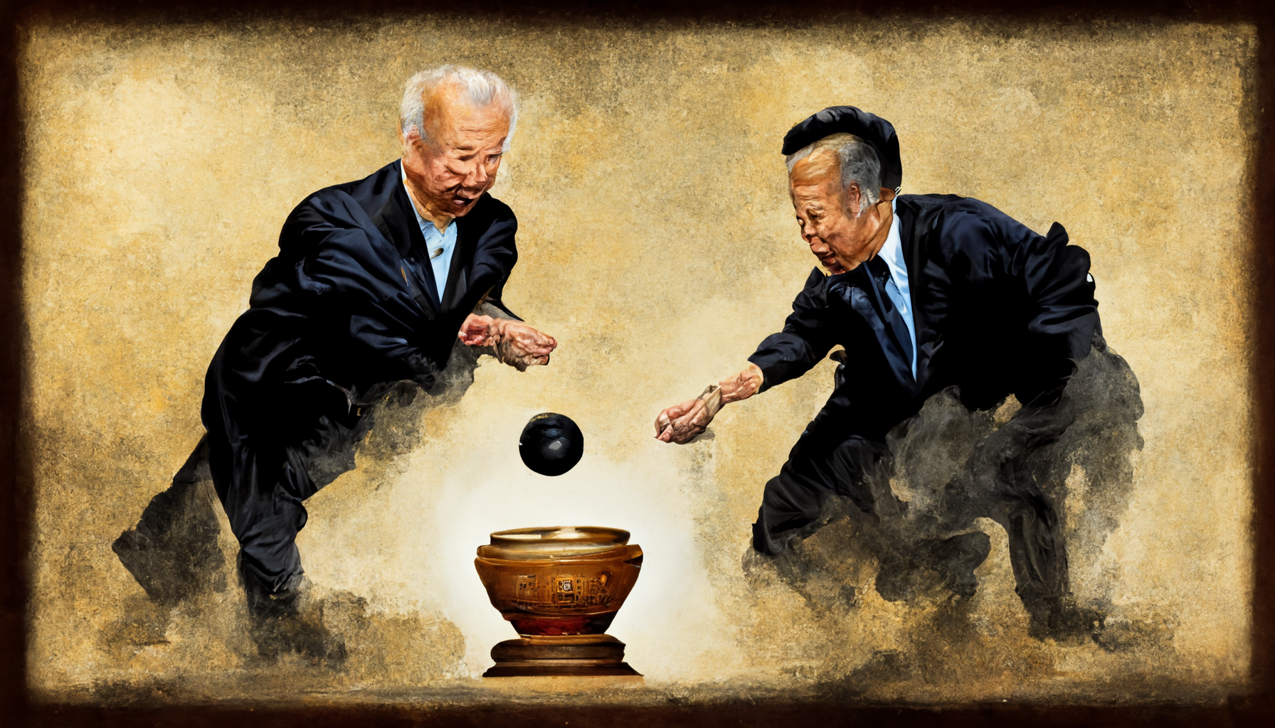 Xi and Biden fighting to pull a black ball out of an urn (Midjourney)