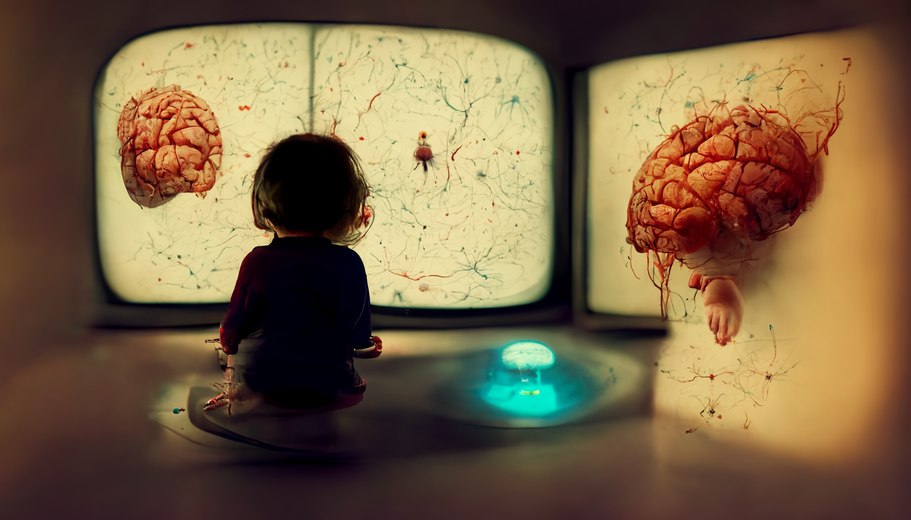 A tiny person sitting in a control room inside a brain (Midjourney)