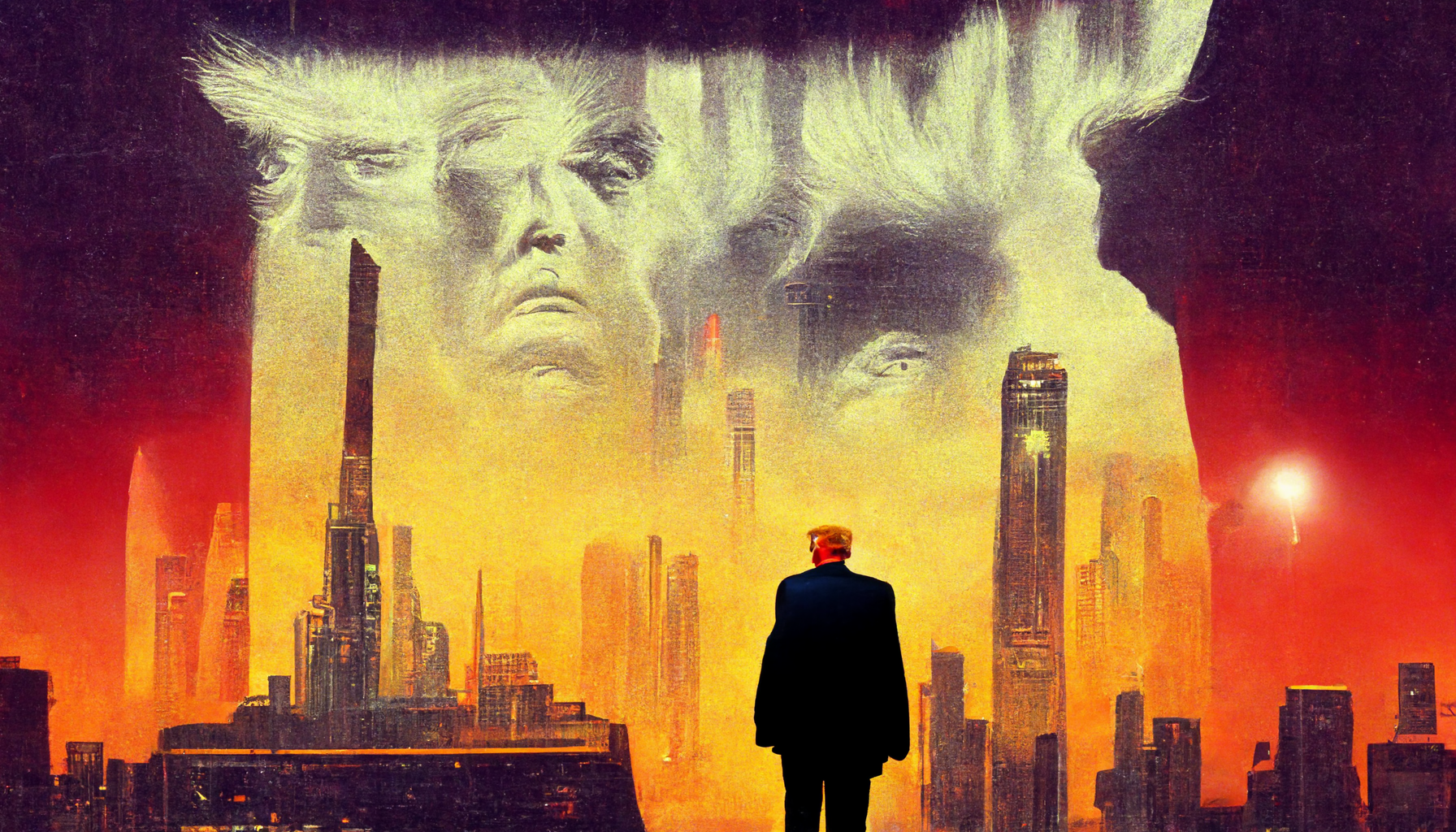 Trump starring in american dynamism, futuristic neo noir, 80s film poster (Midjourney)